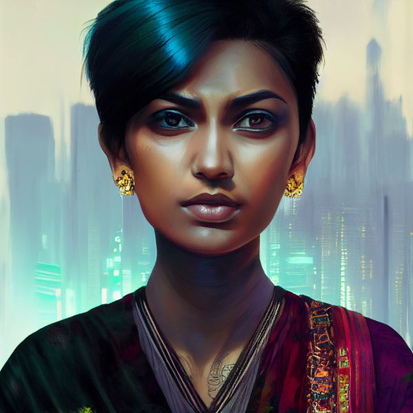 Midjourney, Metal_Rat_South_Asian_woman_cyberpunk_thin_undercut_hair, CC BY 4.0 license