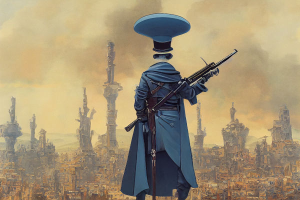 Midjourney, PonderingWatermelon_bureaucrat_with_giant_hat_and_rifle_azorius, CC BY 4.0 license