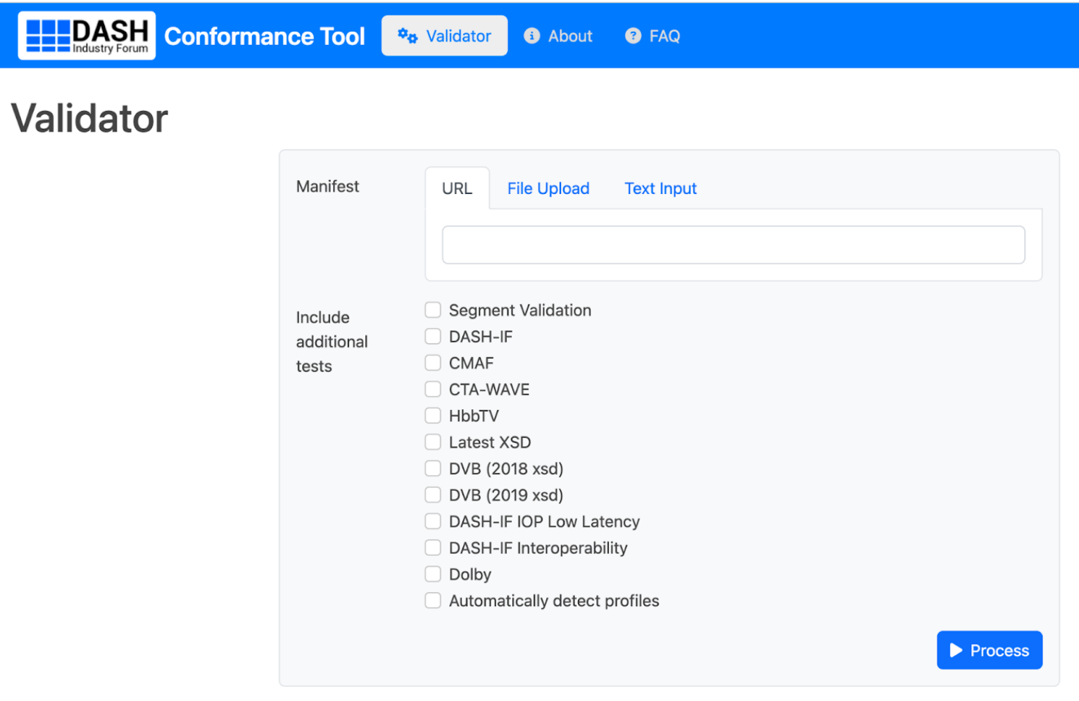 DASH-IF conformance checker homepage with automatic profile selection